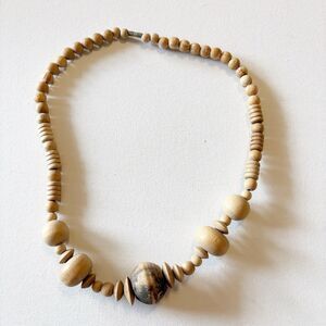 Beaded Necklace 22” Browns Wood Beads Barrel Closure Natural Boho Ethnic